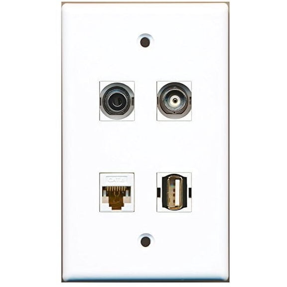 RiteAV - 1 Port USB A-A 1 Port 3.5mm 1 Port BNC 1 Port Cat6 Ethernet White Wall Plate