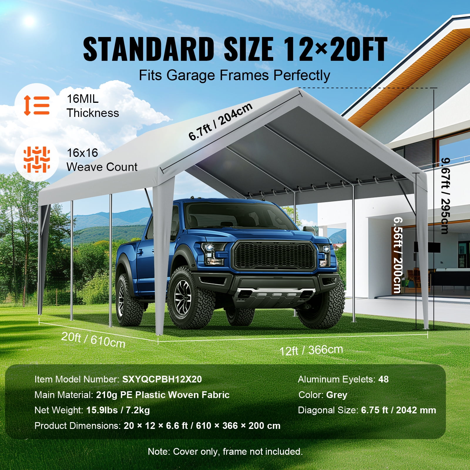 KFFKFF 12 x 20 Feet Carport Replacement Canopy Car Shelter Cover Gray