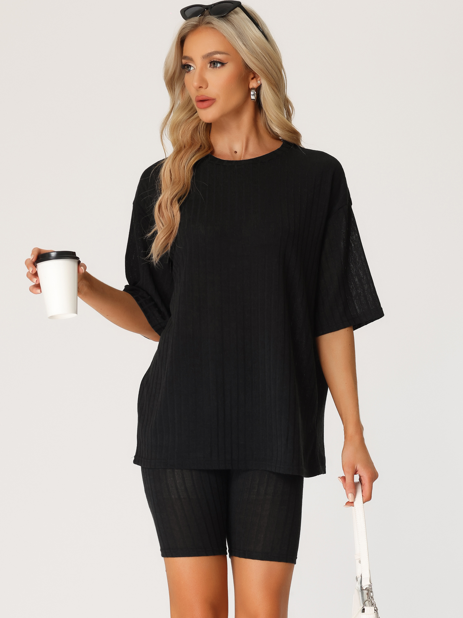 DARING DIVA Women's 2-Piece Knit Soft Tracksuit Short Sleeve Sweatshirt Set XL Black