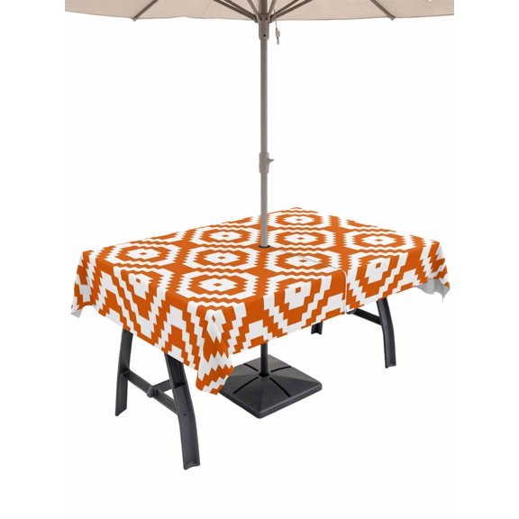 Outdoor Tablecloths with Umbrella Hole & Zipper, Orange White Geometric 54x80 Inch Tablecloth Rectangle, Modern Abstract Art Waterproof Table Cloth, Patio/Pool/Picnic Table Covers