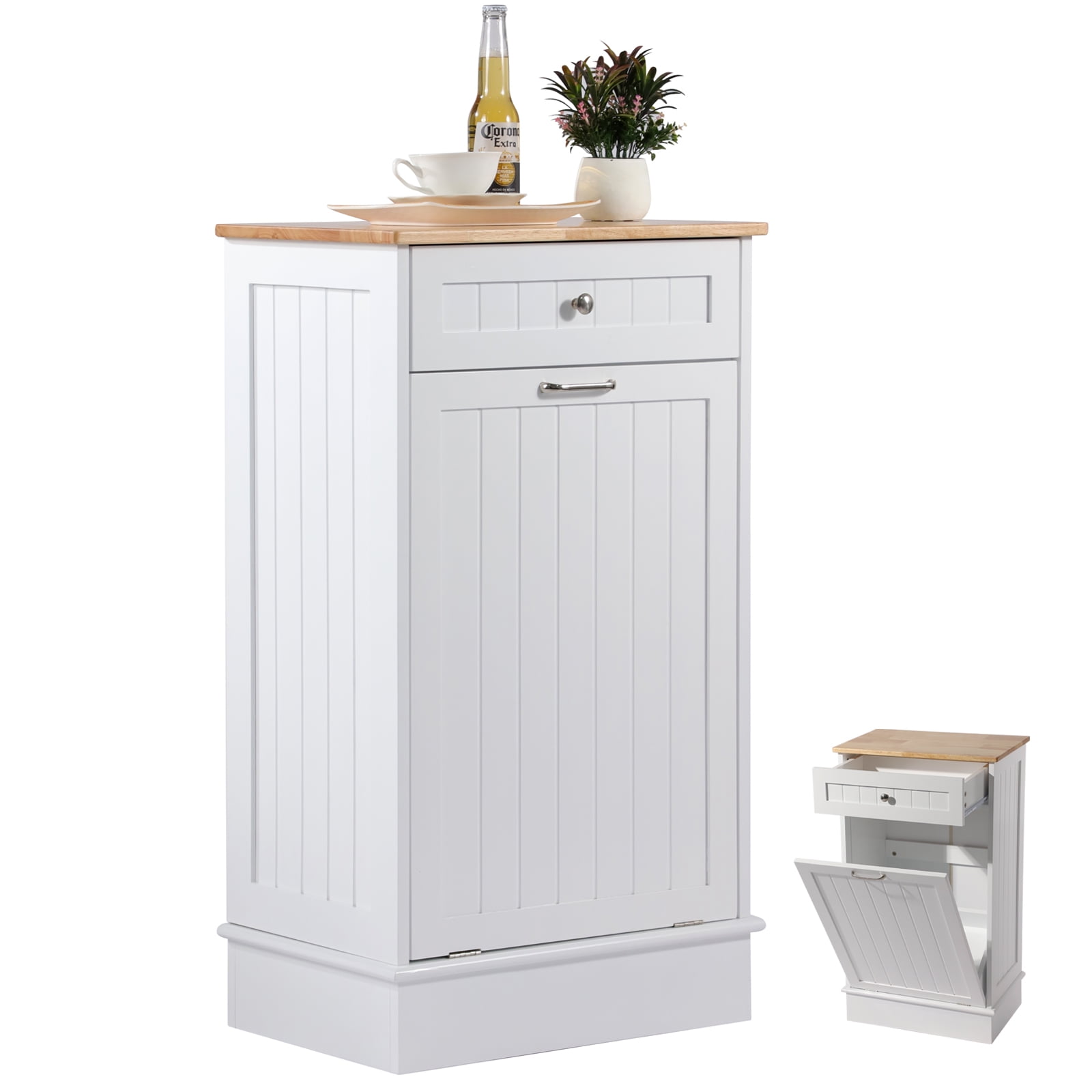 Kigoty Kitchen Trash Can Cabinet, 10 Gallon Tilt Out Trash Canbinet Wood Garbage Hamper Pet Proof, White
