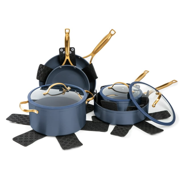 Thyme & Table Signature 12-piece blue non-stick cookware set featuring gold handles, glass lids, pots, and frying pans.