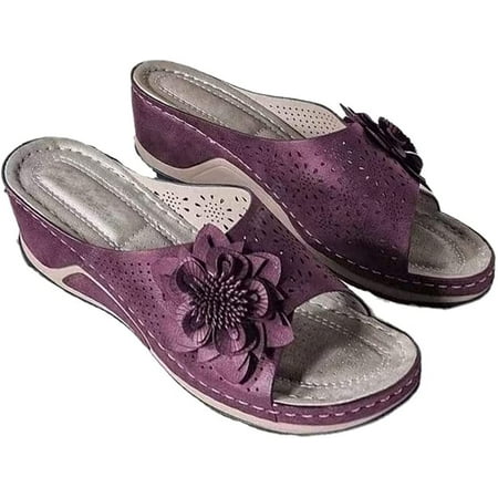 

Floral Cutout Women s Leather Soft Insole Orthopedic Arch Support Sandals Retro Bohemian Wedge Slippers