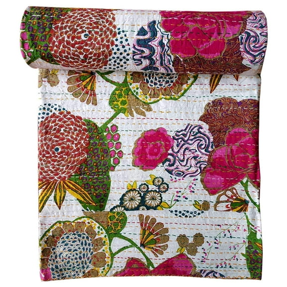 Yuvancrafts Modern Flowers Floral Kantha Pure Cotton Bedspreads, Twin - Handmade, Hand Washable