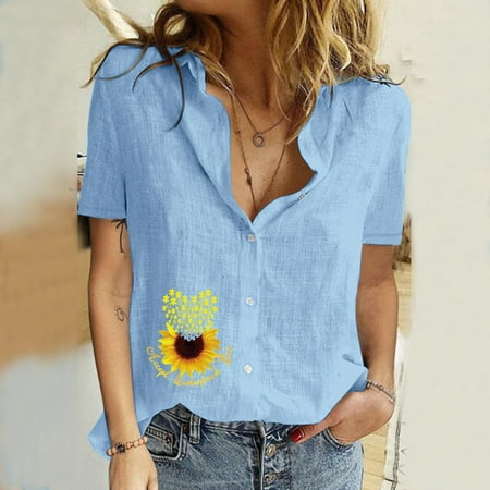 

Ladies Cotton Linen Casual Loose Personality Printed Lapel Button Short Sleeve Blue XL