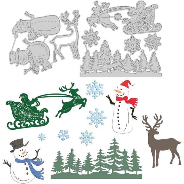 Troqueles de acero al carbono con forma de muñeco de nieve navideño, trineo de Papá Noel y copo de nieve para decoración de álbumes de recortes, tarjetas y manualidades.