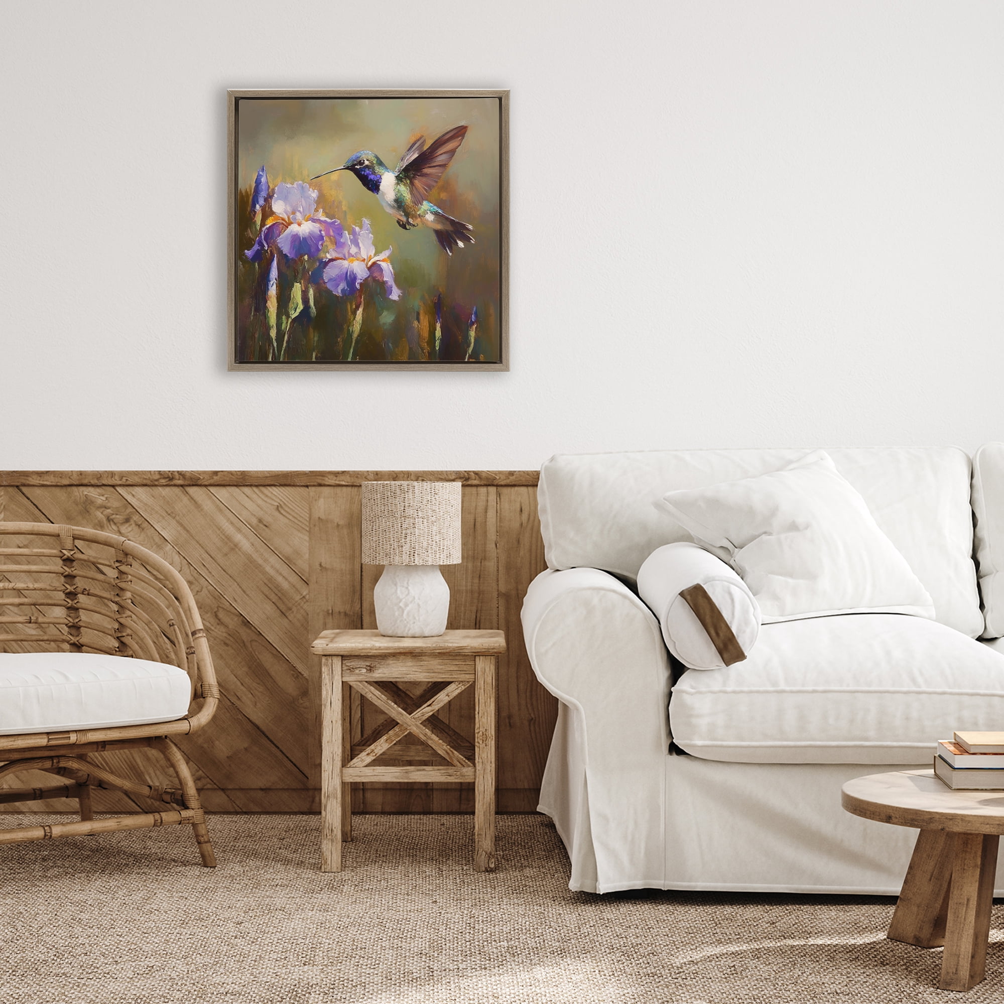 Stupell Industries Hummingbird & Purple Irises Brown Framed Floater Canvas Wall Art, design by Tina LeCour