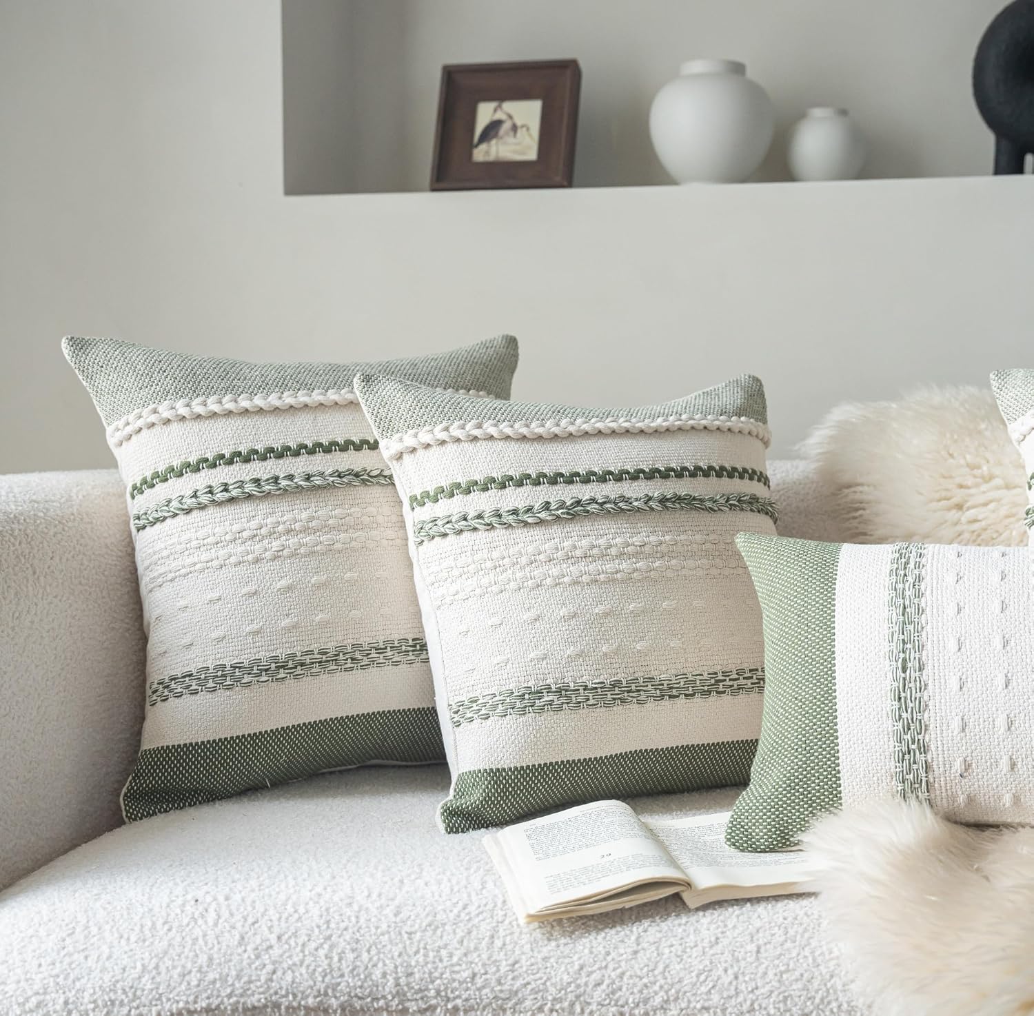 Throw Pillow Covers 18x18 Inch Set of 2, Green Textured Decorative Couch Pillow Cases for Farmhouse Home Decor, Accent Cushion Cover for Sofa, Bed, Living Room, Bedroom
