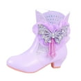 thumbnail image 5 of Kids Snow Boots Girls Glitter Splice Winter Ankle Booties with Sweet Rhinestone Beaded Bow Casual Warm Furry Lined Side Zipper Kitten Heel Princess Dress Boots 11 Little Kid Purple, 5 of 6
