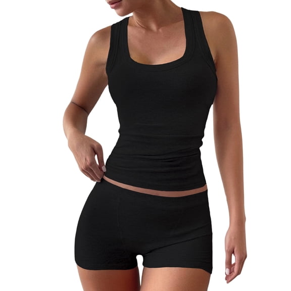 Women Workout Sets 2 Piece Seamless Ribbed Crop Tank High Waist Shorts Yoga Outfits