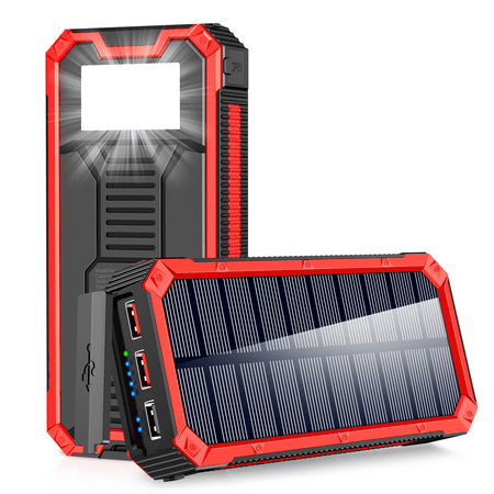 Portable Solar Power Bank 30000mAh, Wireless Solar Charger External Backup Battery, 3 Fast Charger Output Ports & 4 LED Flashlight