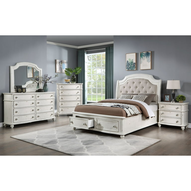 Acme Furniture Jaqueline Queen Bed in Light Gray Linen & Antique White  Finish