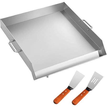 VEVORbrand Stainless Steel Griddle 18  X 16  Universal Flat Top Rectangular Plate  BBQ Charcoal/Gas Grill with 2 Handles and Grease Groove with for Camping  Tailgating and Parties