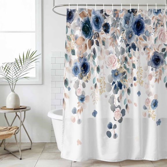 Navy Blue Flowers Extra Long Shower Curtain Set, Waterproof Shower Curtains for Bathroom, Spring Floral Elegant Pastoral Watercolor Washable Fabric Bath Curtain for Bathtub with Hooks 72x96 Inches