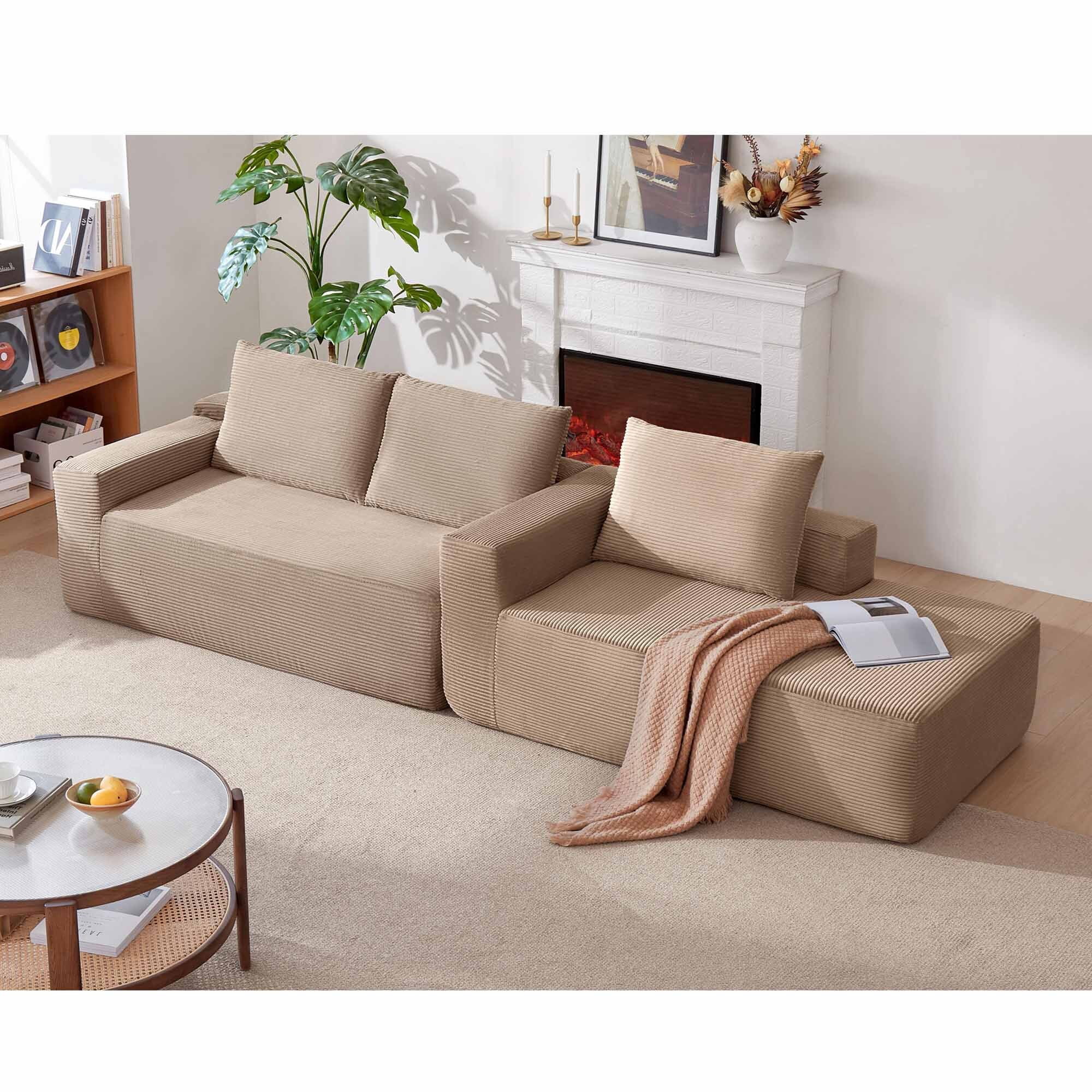 Lunale L-Shaped Modular Sectional Sofa with Movable Chaise, 3-Seater Boneless Cloud Couch for Living Room, Camel(Right Facing Chaise)