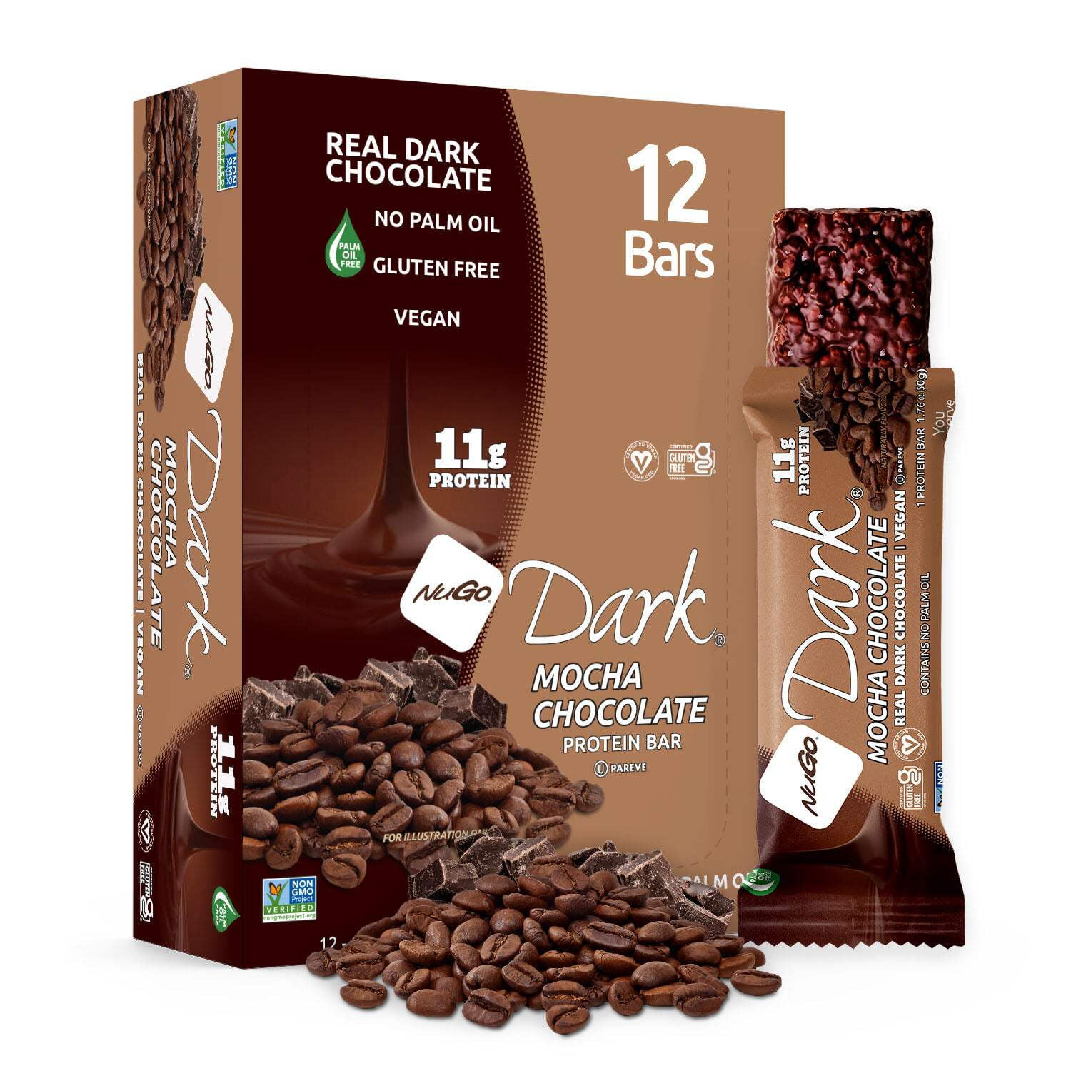 NuGo Dark Mocha Chocolate, 11g Vegan Protein, Gluten Free, 12 Count