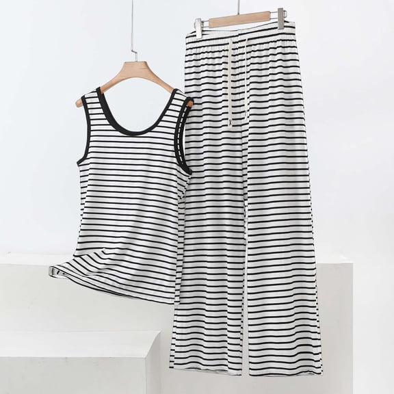 Nmnitkp Women's Striped Two Piece Loungewear Sets Sleeveless Tank Tops & Elastic Waist Wide Leg Pants Modal Sleepwear Casual Outfits for Home Nightwear Spring Summer Daily Wear Black,L