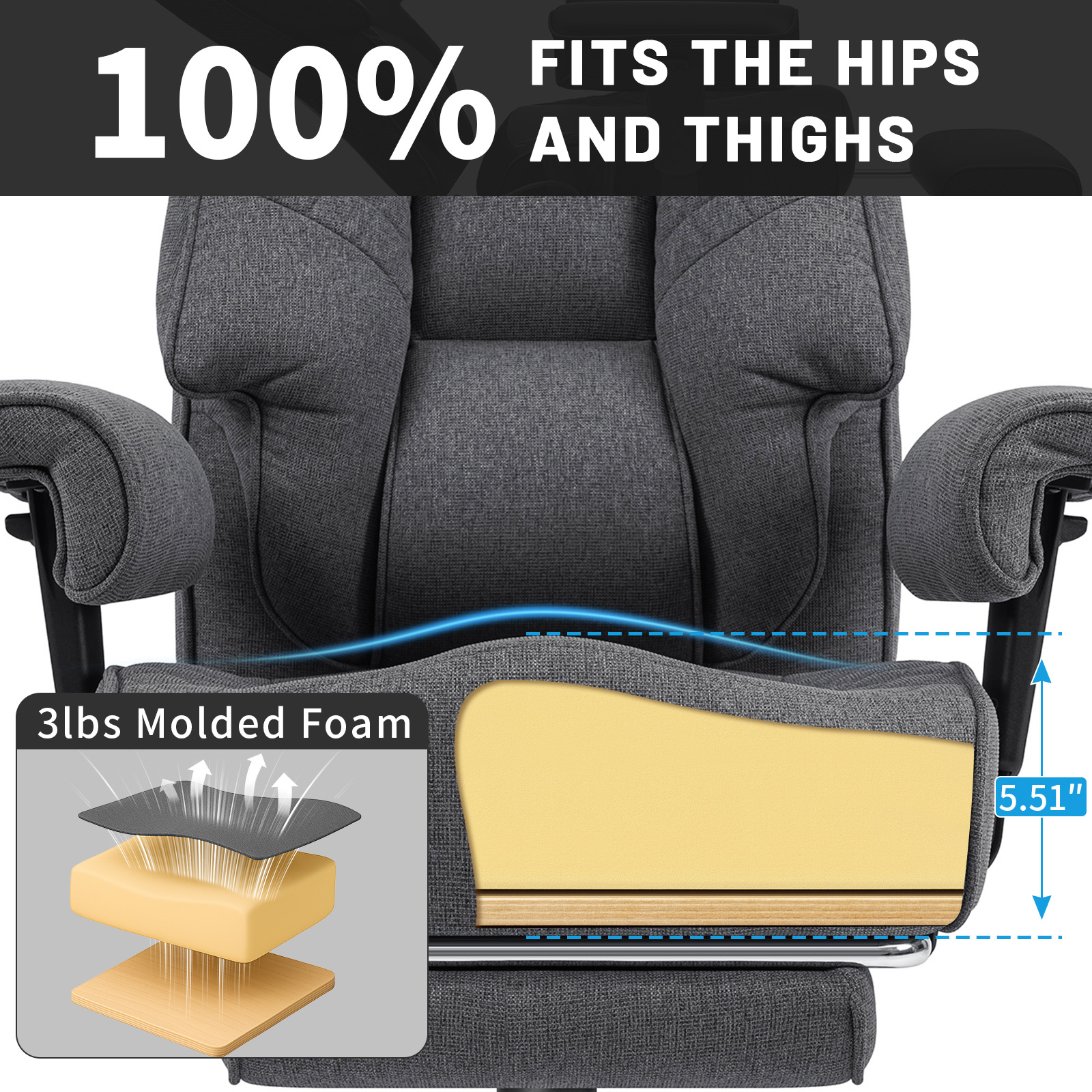 Hoffree Big and Tall Office Chair 500lbs, Reclining Ergonomic Desk Chair with Adjustable Lumbar Support, Arms and Headrest, Executive Fabric High Back Computer Chair with Footrest for Home, Gray