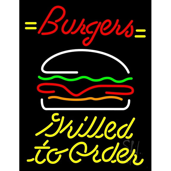 Burgers Grilled Toorder LED Neon Sign 15 x 19 - inches, Clear Edge Cut Acrylic Backing, with Dimmer - Bright and Premium built indoor LED Neon Sign for restaurant window and interior decor.