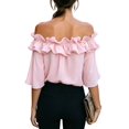thumbnail image 3 of Women'S Off Shoulder Ruffle Short Sleeve Chiffon Blouse Pink XXL, 3 of 7