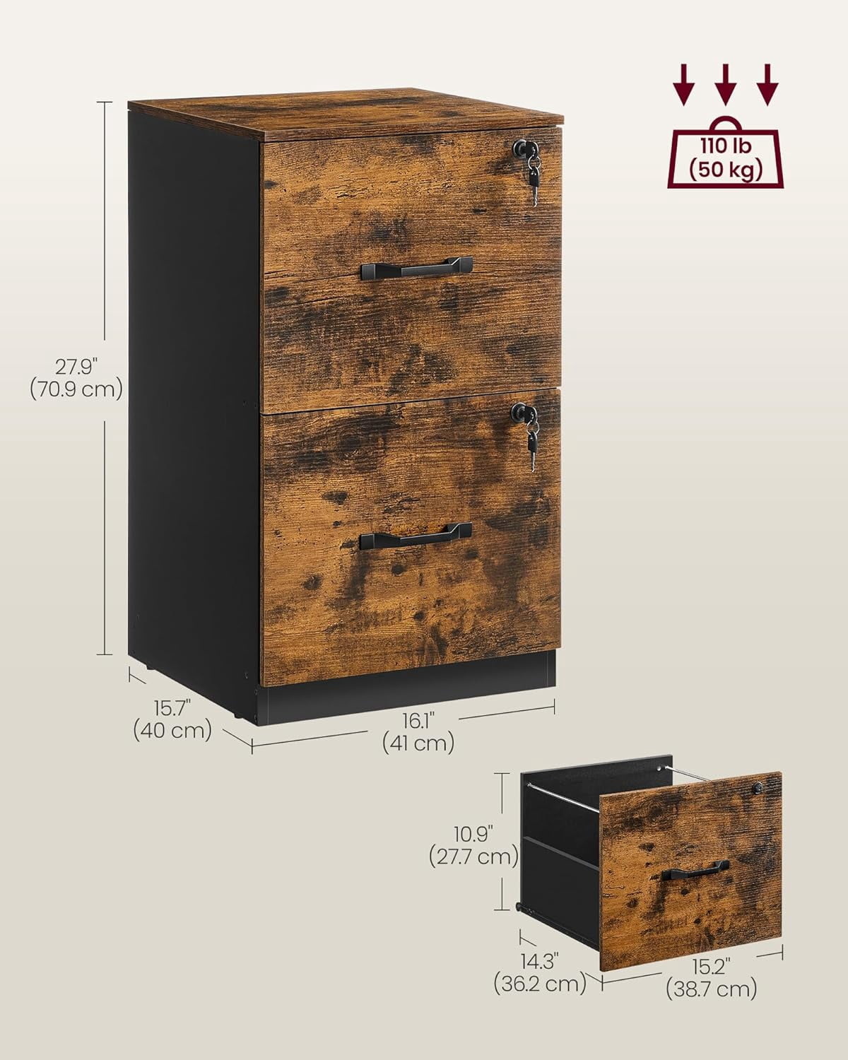 VASAGLE 2-Drawer Vertical File Cabinet Filing Cabinet Printer Stand Adjustable Hanging Rail for A4 and Letter-Size Files Rustic Brown