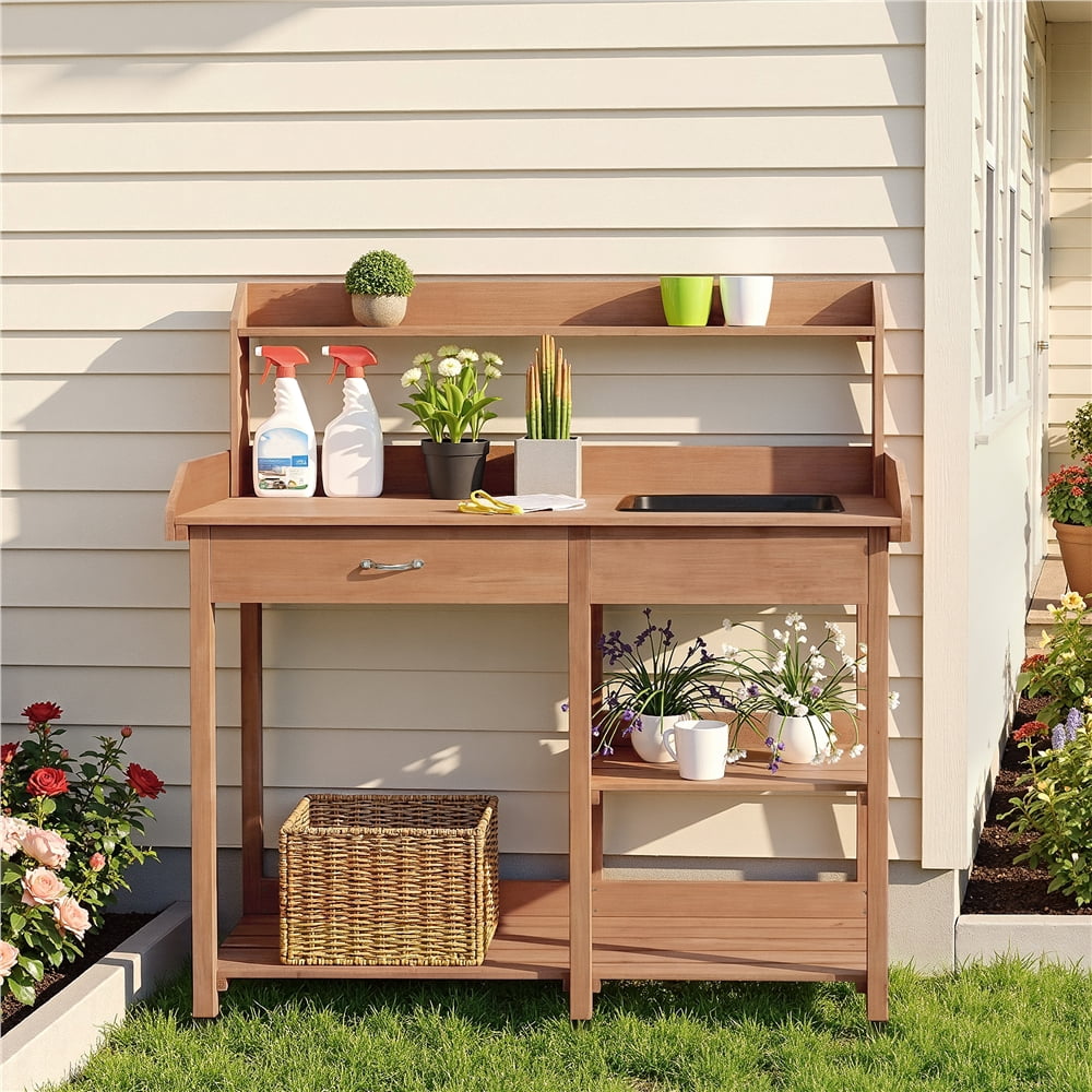 Renwick Garden Potting Bench with Basin & Drawer, Brown
