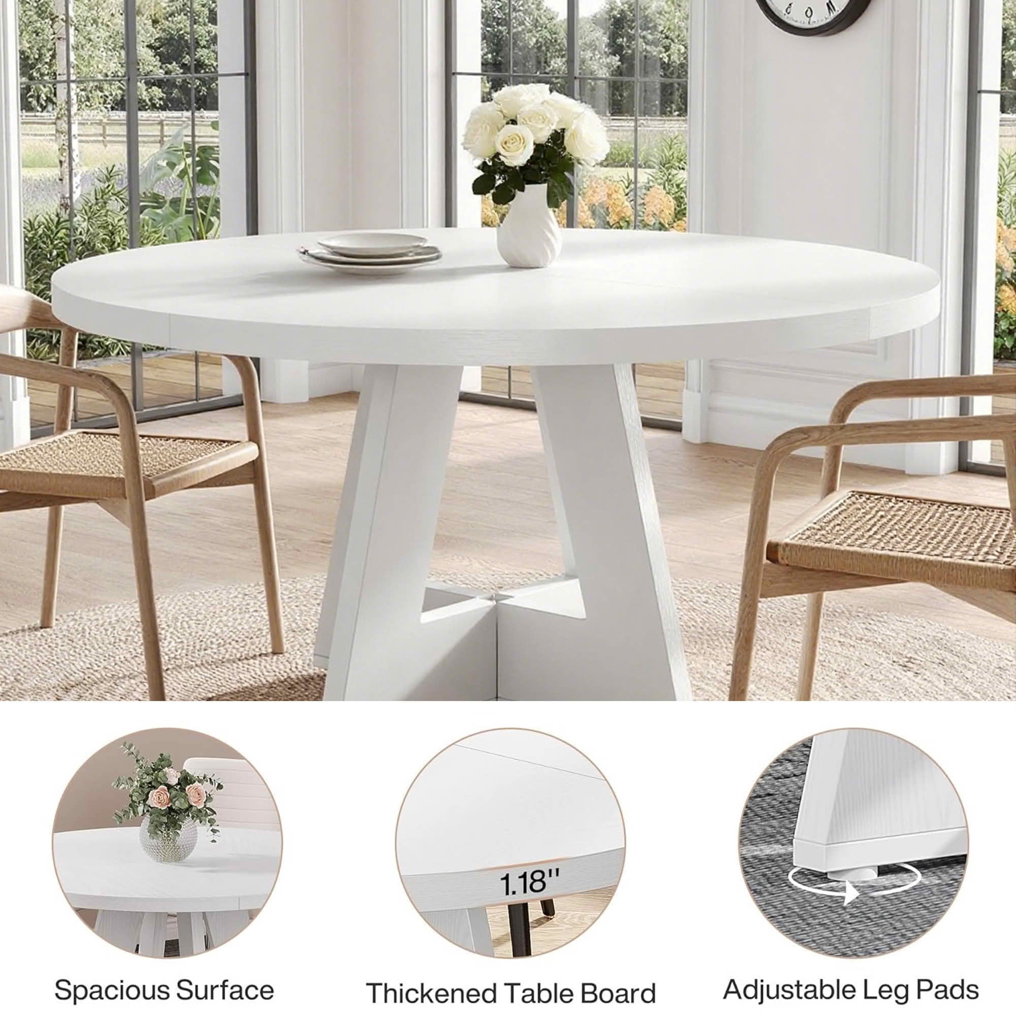 MAYEERTY 47 Inch Round Farmhouse Dining Table, MDF Top Metal Frame Kitchen Table Seats 4 for Home