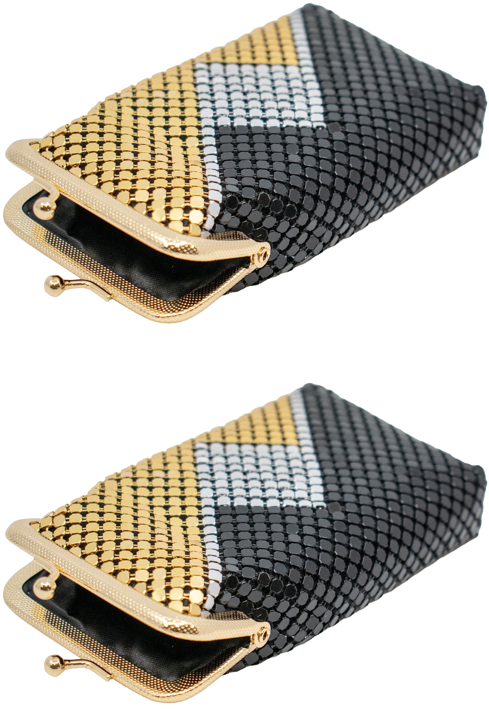 Set of 2 Vintage Soft Metallic Mesh Short Cigarette Case Purses (4mm, Black Silver Gold)