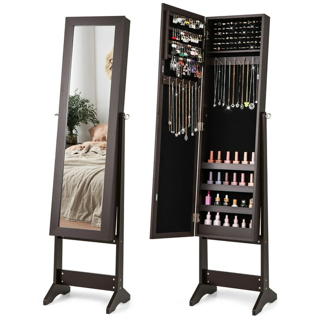 Gymax Jewelry Mirrored Cabinet Armoire Organizer Storage Box w/ Stand Christmas Gift Coffee