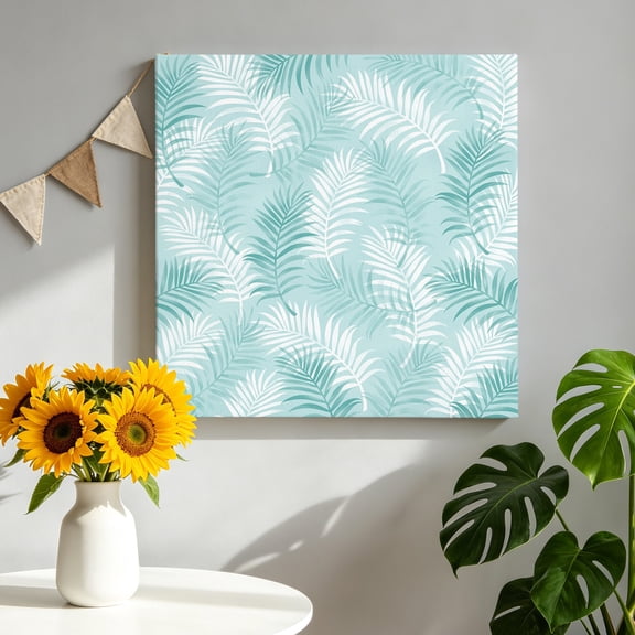 Aqua White Palm Leaves Canvas Wall Art for Living Room, Botanical Forest Ferns Poster Print Painting for Bedroom Office Home Decoration Wall Pictures Prepare To Hang 8"x8"