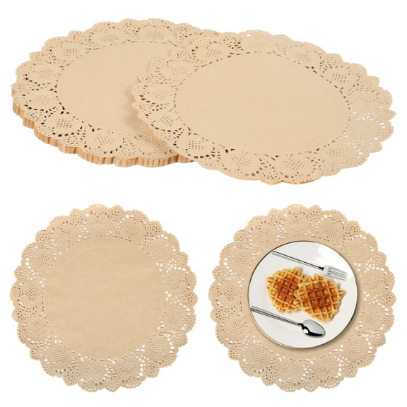 100PCS Round Paper Doilies, 13.5" Kraft Paper Placemats with Lace Edges, Disposable Decorative Place Mats, Paper Dining Table Pads for Food, Cakes, Crafts