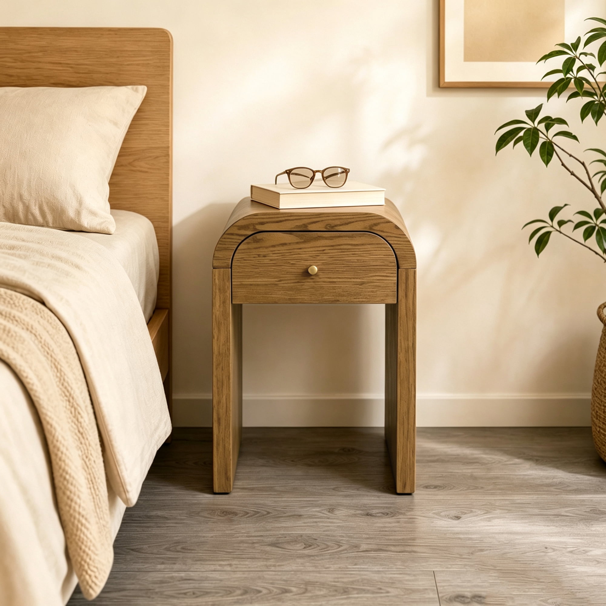 Leumius Curved Side Table with 1 Drawer Nightstand Side End Table with Rounded Edge Tabletop for Bedroom Living Room Walnut