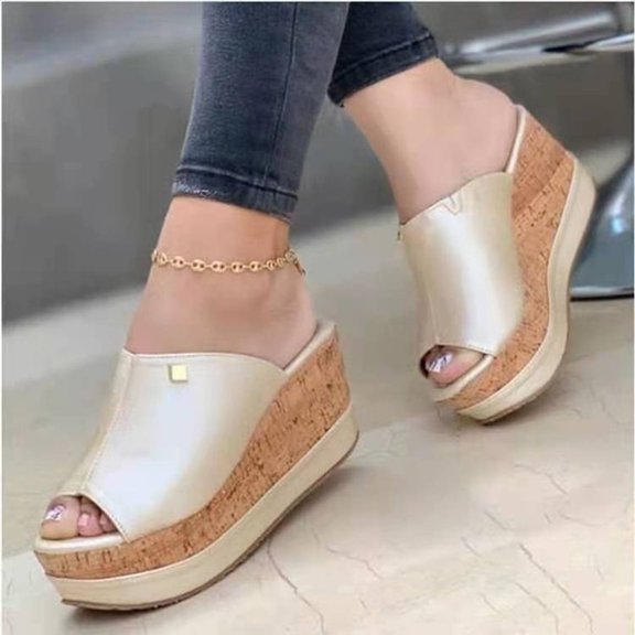 AXXD White Sandals,Slope Heel Thick Bottom Flip Flop Solid Sandals For Regular&Big Women Size 4.5