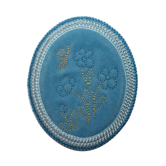ID 6623 Blue Garden Flower Patch Felt Oval Spring Embroidered Iron On Applique