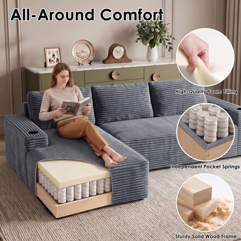 Anpport 104" Boneless Cloud Modular Sectional Couch, Corduroy Sofa with Cup Holders, Side Pockets, Deep Seat, No Assembly Required for Living Room, Gray (L‑Shaped, Left Facing Chaise)