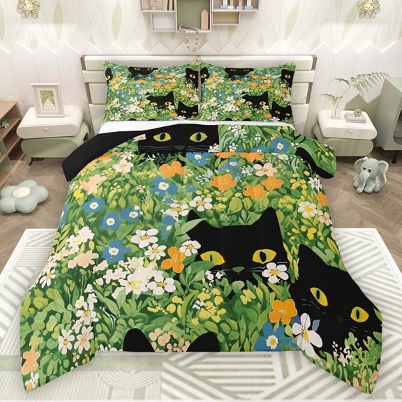 Manfei Cute Cat Bedding Comforter Set,Rustic Flower Floral Twin Comforter Sets,Black Green White Bedding Set For Girls Kids,Ultra Soft Home Decor Reversible,2pcs
