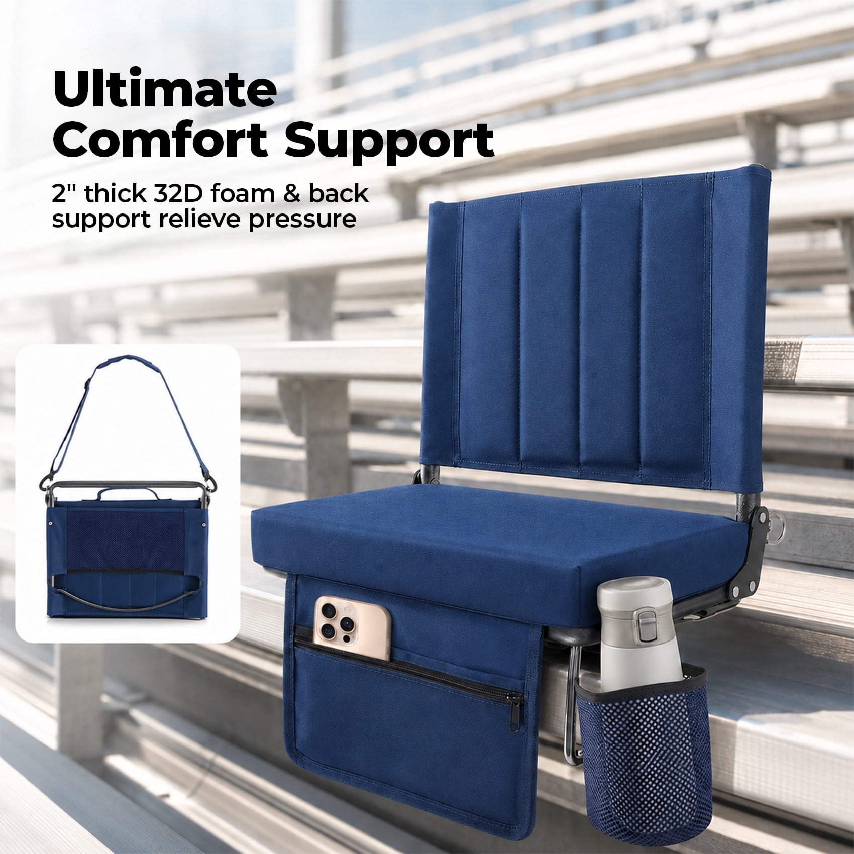 Alvantor Stadium Seat for Bleachers with Back Support, Portable Bleacher Seat with Wide Comfy Padded Cushion, Metal Hook, Folding Stadium Chair with Shoulder Strap, Carry Handle, Cup Holder