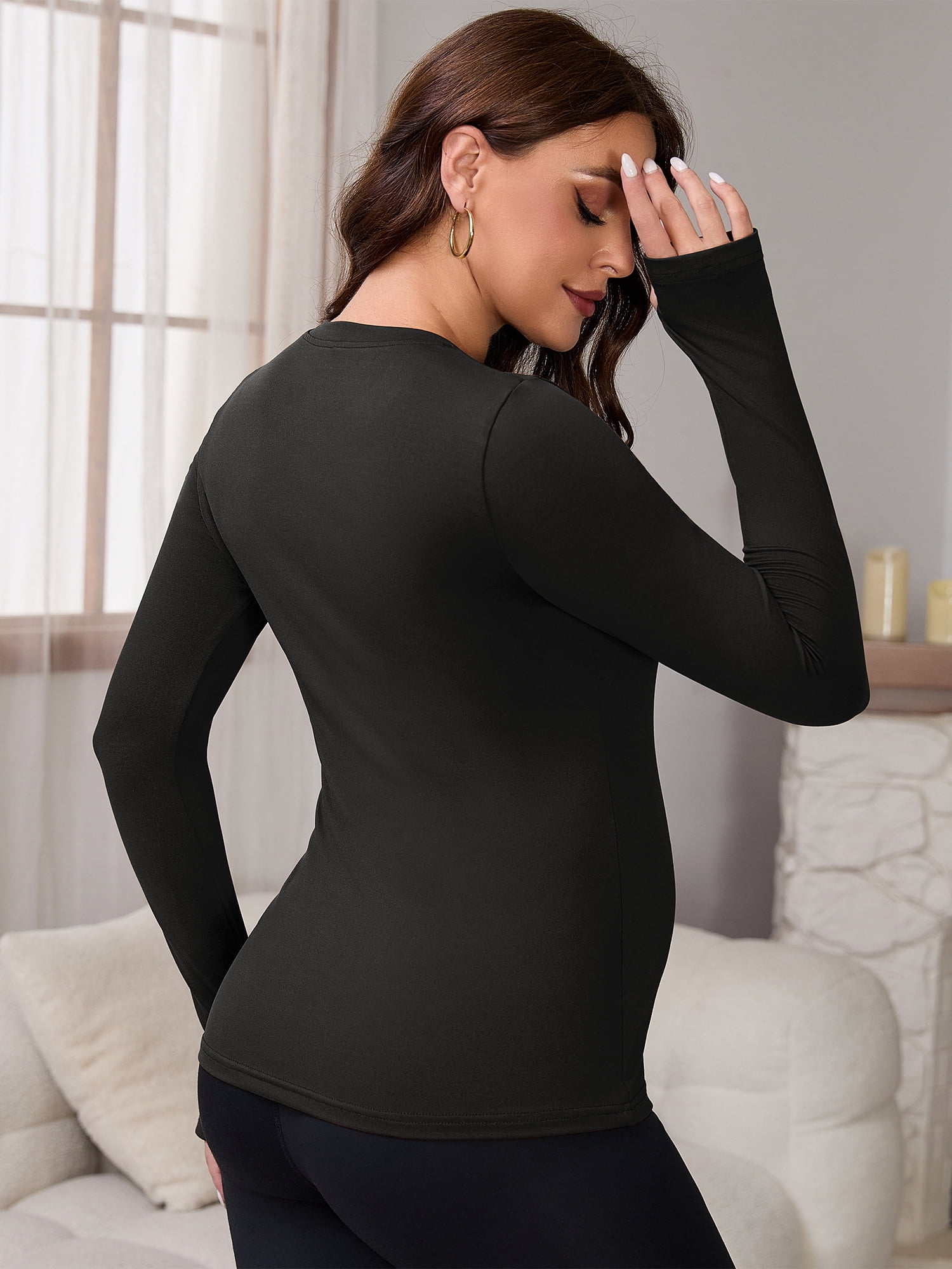 DARING DIVA Women's Maternity Stretchy Fitted Crew Neck Long Sleeve Tops 2XL Black
