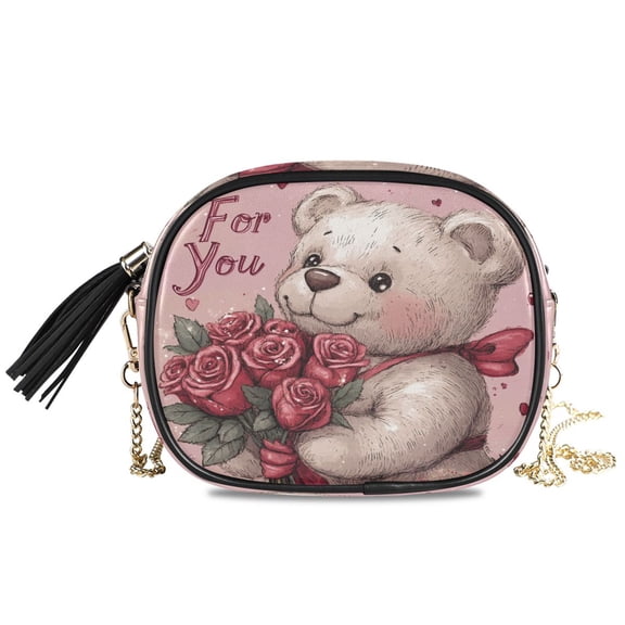 Womens Casual Chain Shoulder Bag Simple style White Bear with Roses Crossbody Bag