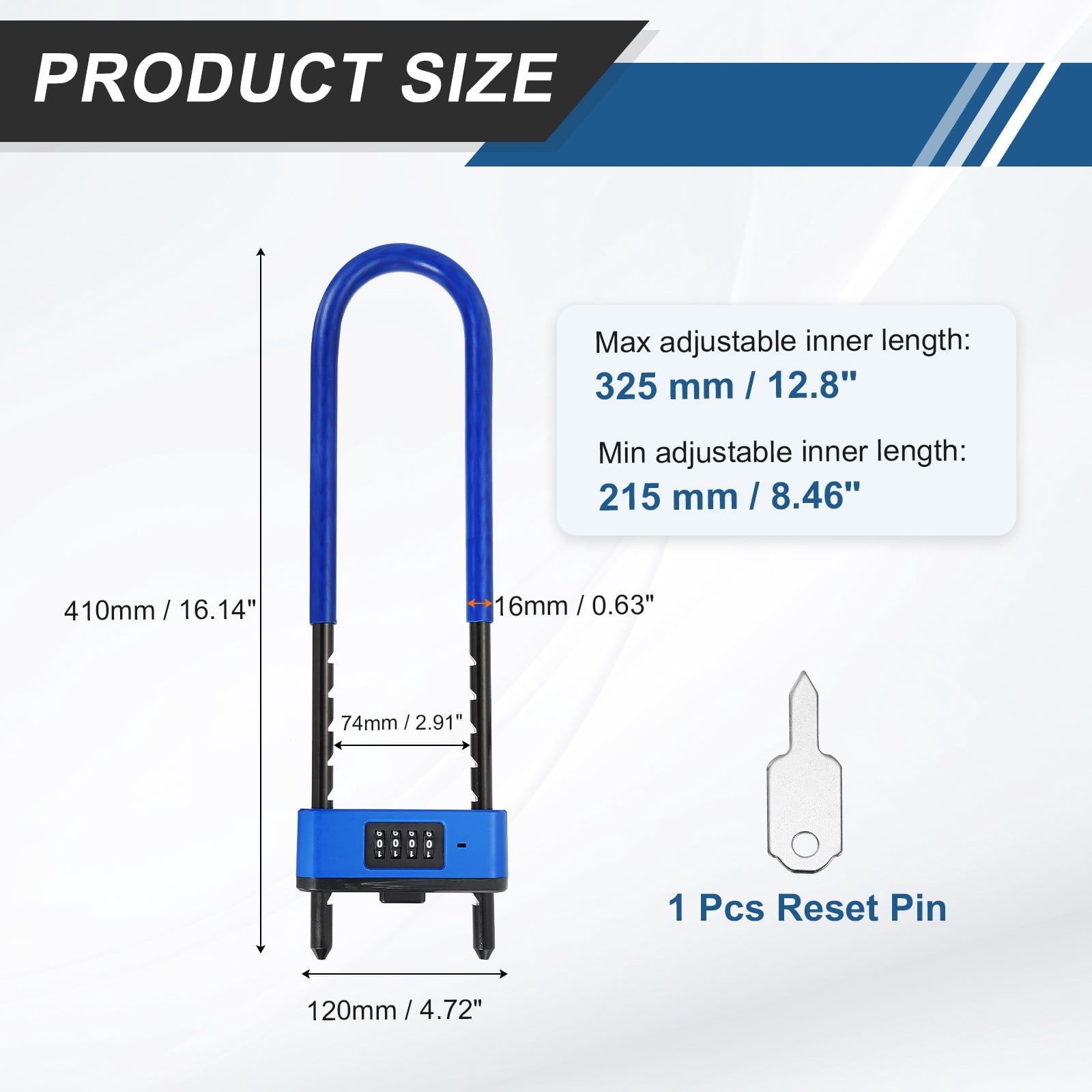 Uxcell 4 Digit Combination Padlock, Long Shackle Padlock - [8.46" - 12.8", Blue], U-Shape Adjustable Shackle Lock for Bicycles Electric Bikes Mountain Bikes Glass Doors Gates