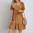 thumbnail image 5 of Summer Solid Dress Women Casual Bohemian V Neck Short Sleeve Ruffles Loose A Line Mini Dress Elegant Beach Party Vestidos Street, 5 of 9