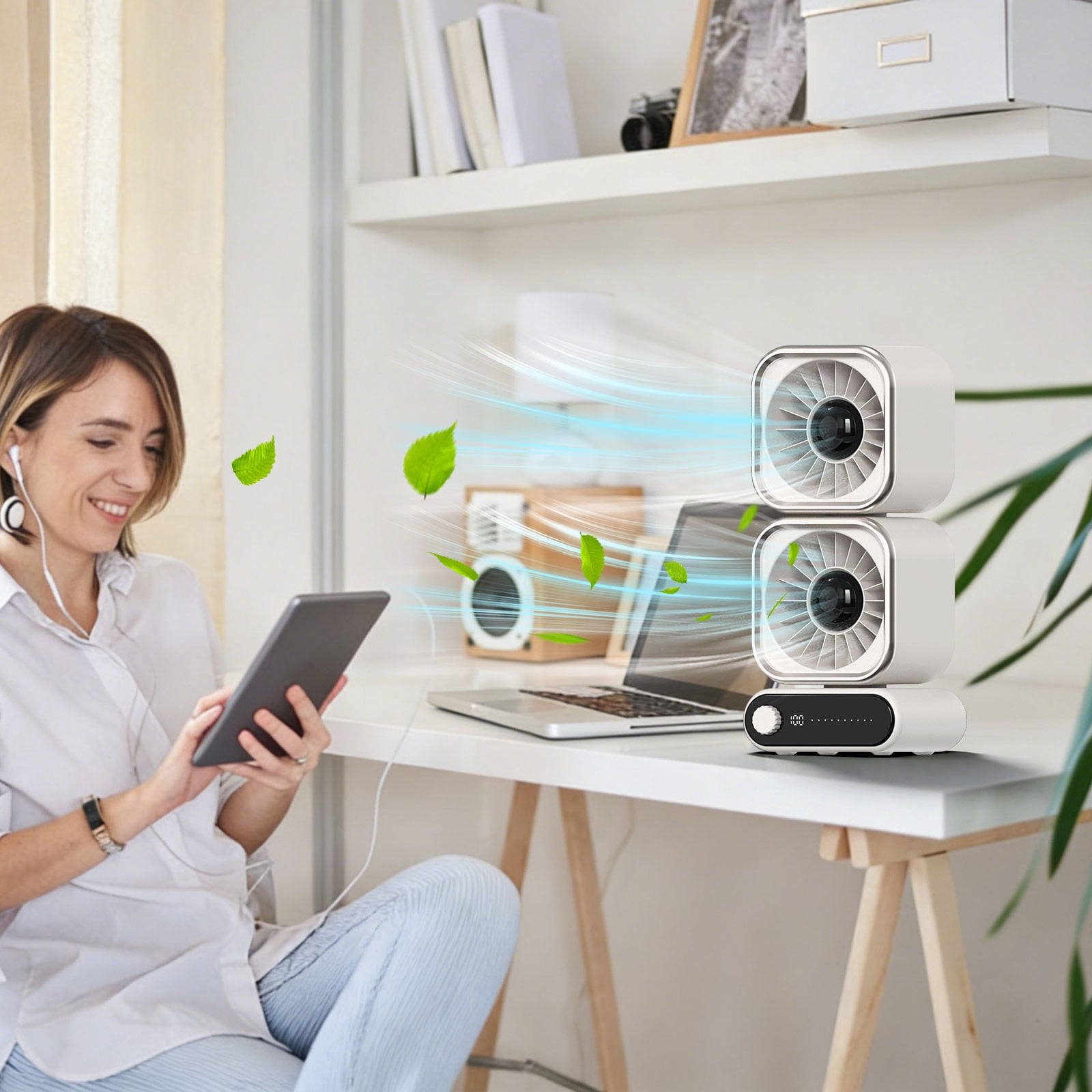 Tyidzon Table Fan, 13 inch Table Fans for Bedroom, Digital Display, Dual Heads 4000Mah Battery USB Fans, Desk Fans Small Quiet for Home, Office, Kitchen