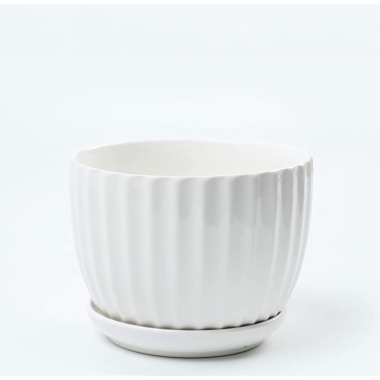 Ceramic Planter Set, 3-Piece White Ribbed Pots photo 4