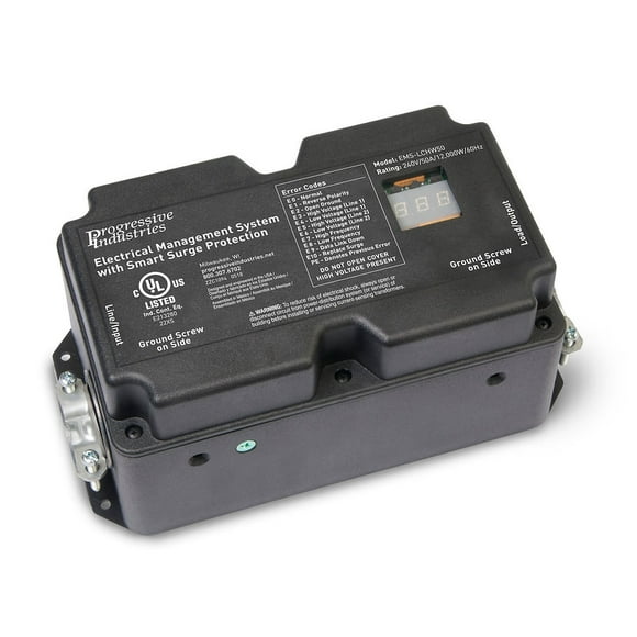 Progressive Industries Surge Protector EMS-LCHW50 Hardwired Installation; 50 Amps; With Fault Indicator; With Plug Head Handle Grip; With Amperage Meter/Voltage Meter/Frequency Meter