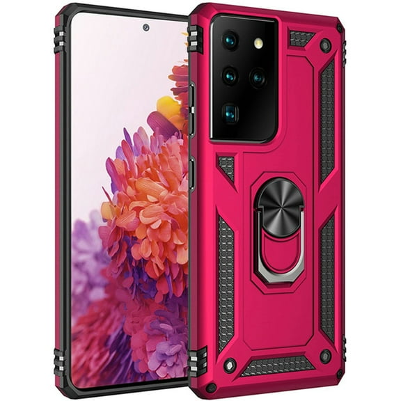 Designed for Samsung Galaxy S21 Ultra (6.8") Case Hybrid Durable 360 Degree Rotatable Ring Stand Holder Kickstand Fit Magnetic Car Mount Phone Case Cover [Hot Pink]