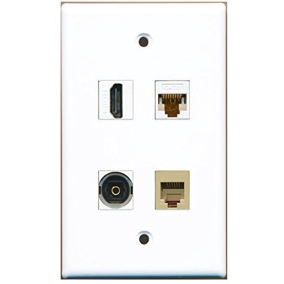 RiteAV - 1 Port HDMI 1 Port Phone RJ11 RJ12 Beige 1 Port Toslink 1 Port Cat6 Ethernet White Wall Plate