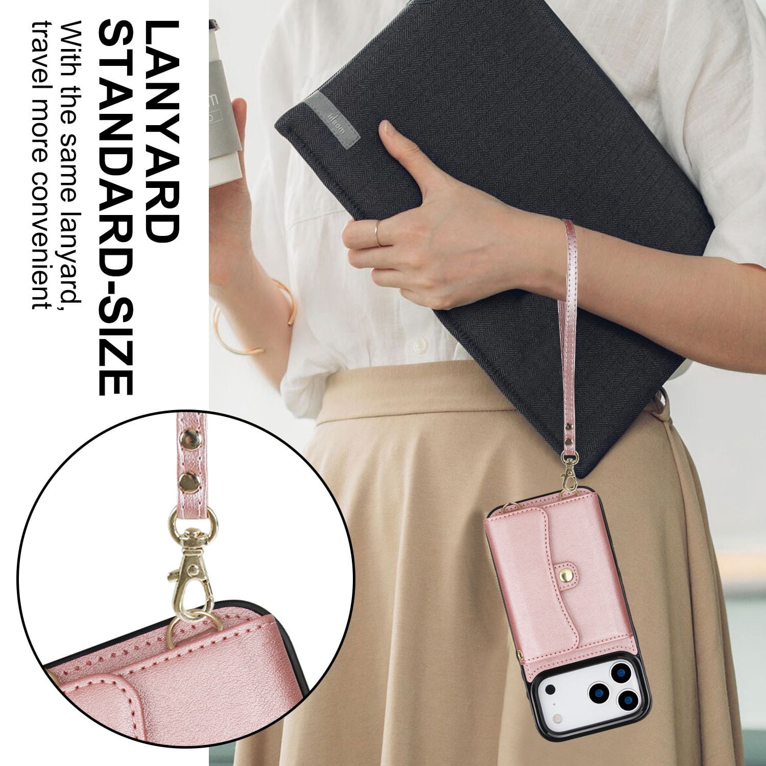 Wallet Case with 8 Card Slots & Cross Body Strap for iPhone 17 Pro - Rose Gold