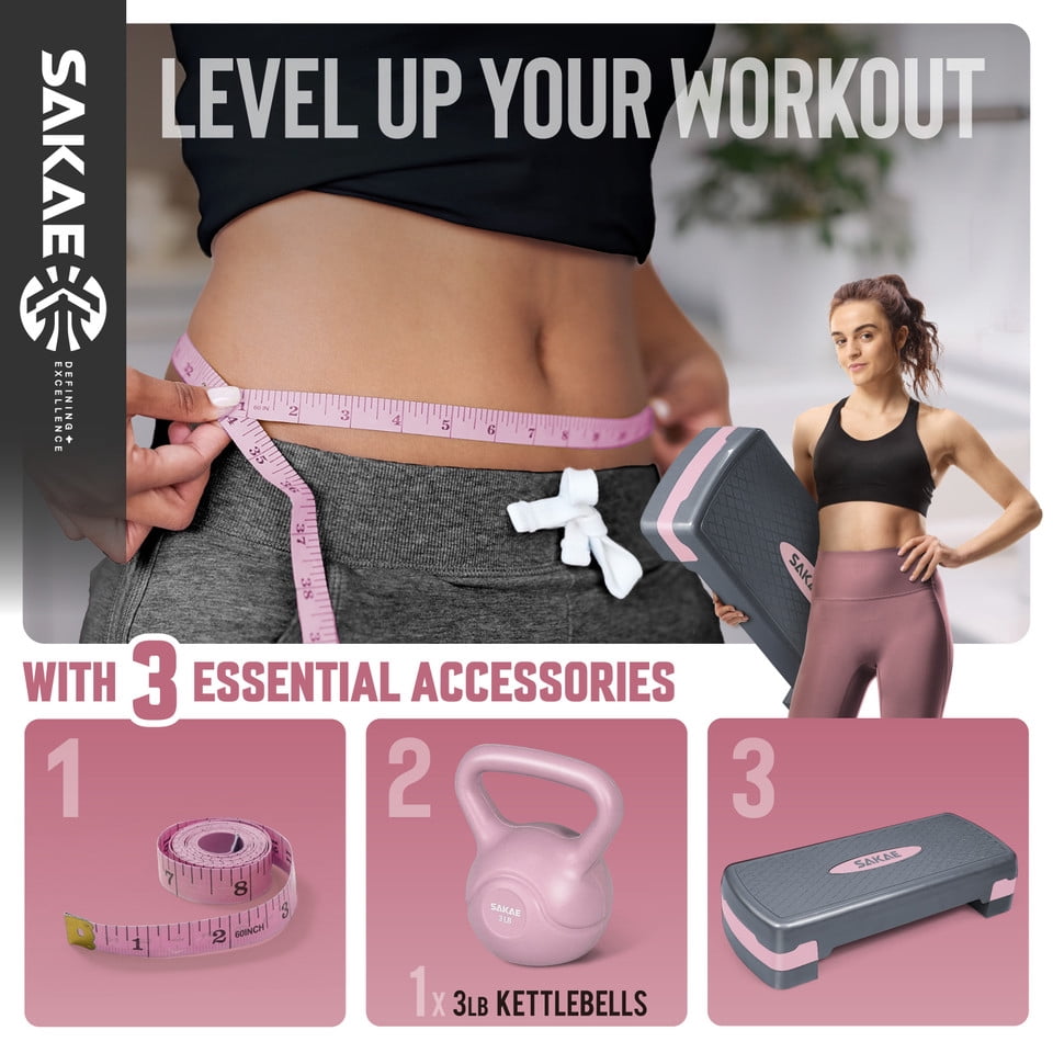 SAKAE Pink Step Aerobics Platform Set with Kettlebell & Measuring Tape, Aerobic Steppers for Exercise at Home, Adjustable Height 2 Level Risers Workout Step Trainer with Non-Slip Surface