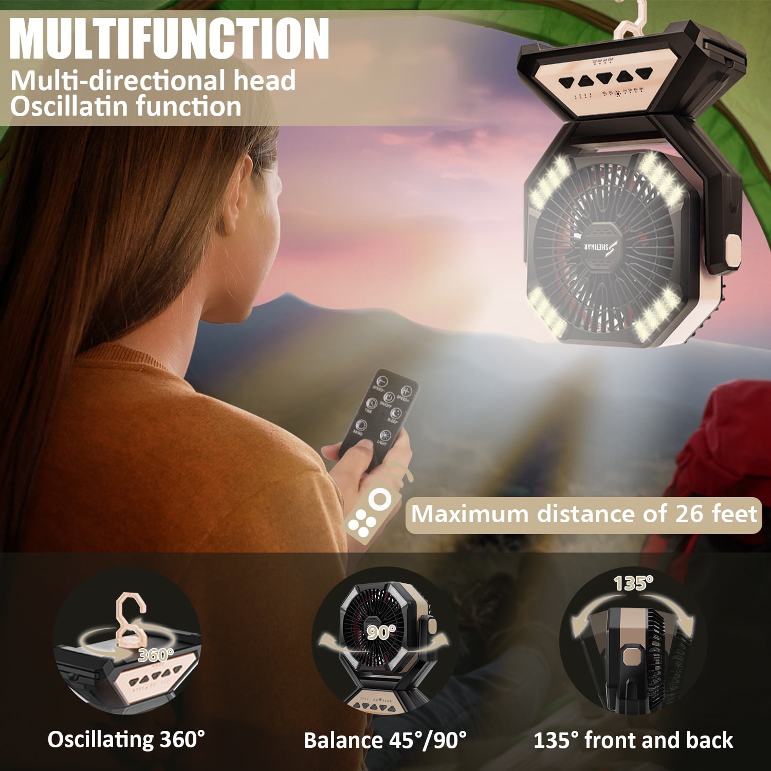 SHETINAR 20000mAh Rechargeable FanBattery Powered Fan 4-Speed Tabletop Fan with Charging, Hooks, Timer, Portable Fan for Office,Bedroom,Outdoor,Power Outage,Hurricane,Travel.Khaki