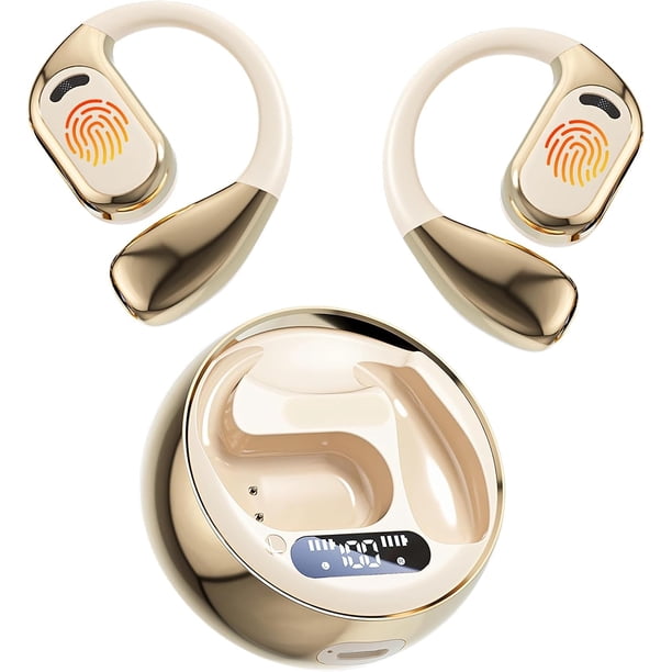 GuDoQi Audifonos Inalambricos Deportivos, Open-Ear Audífonos Bluetooth 5.4, Clip de Oreja, Llamadas de Voz HD, Indicador LED de Batería, para Correr Hacer Ejercicio, Compartimento Redondo, Negro